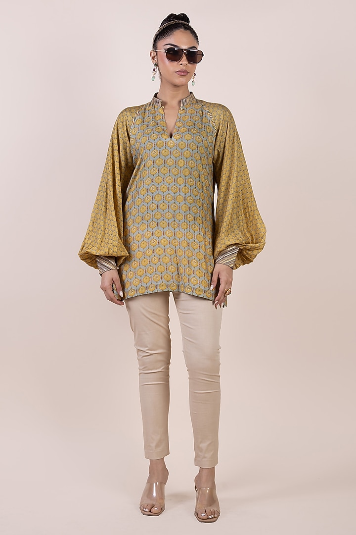 Olive Yellow Cupro Viscose Butta Printed Long Top by JJV.Kapurthala By JJ Valaya at Pernia's Pop Up Shop