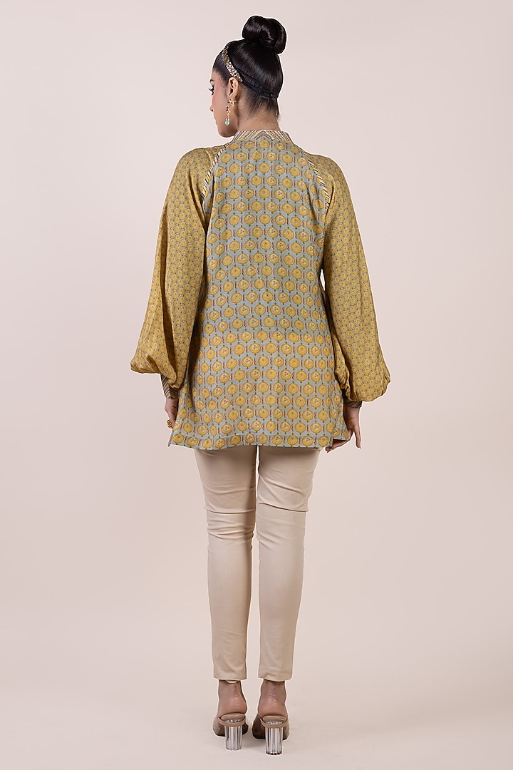 Olive Yellow Cupro Viscose Butta Printed Long Top by JJV.Kapurthala By JJ Valaya at Pernia's Pop Up Shop