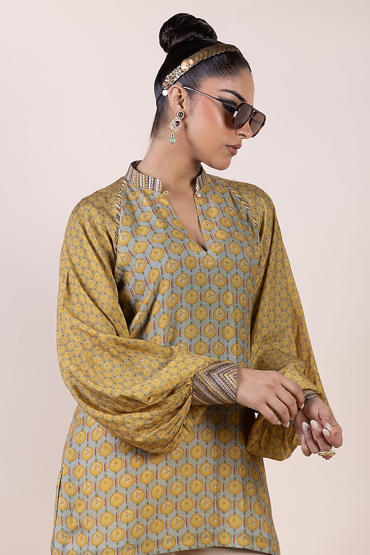 Olive Yellow Cupro Viscose Butta Printed Long Top by JJV.Kapurthala By JJ Valaya at Pernia's Pop Up Shop