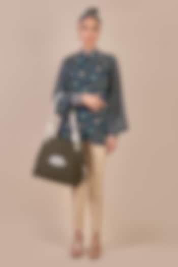 Prussian Blue Viscose Georgette Floral Printed Long Top by JJV.Kapurthala By JJ Valaya at Pernia's Pop Up Shop