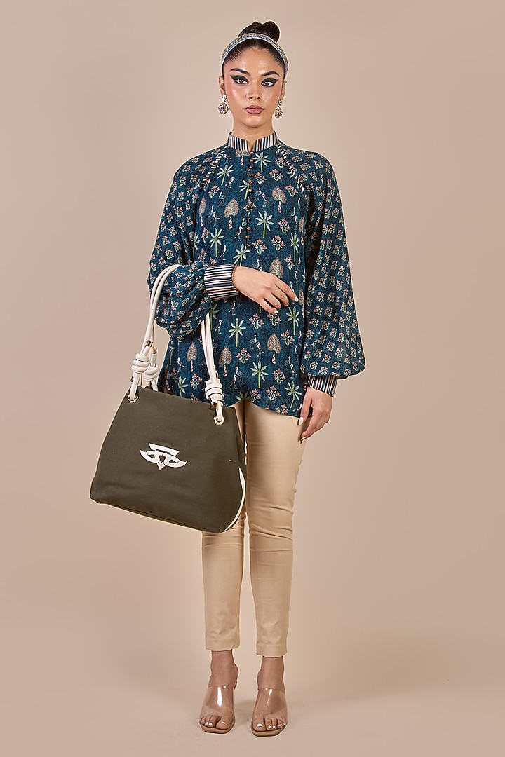 Prussian Blue Viscose Georgette Floral Printed Long Top by JJV.Kapurthala By JJ Valaya at Pernia's Pop Up Shop