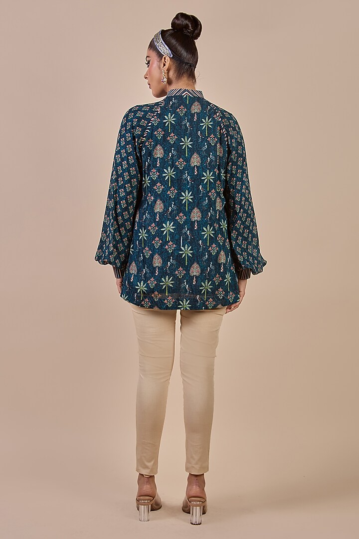 Prussian Blue Viscose Georgette Floral Printed Long Top by JJV.Kapurthala By JJ Valaya at Pernia's Pop Up Shop