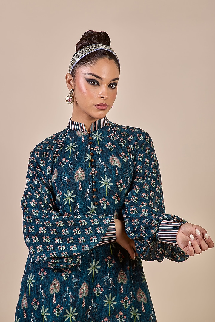 Prussian Blue Viscose Georgette Floral Printed Long Top by JJV.Kapurthala By JJ Valaya at Pernia's Pop Up Shop