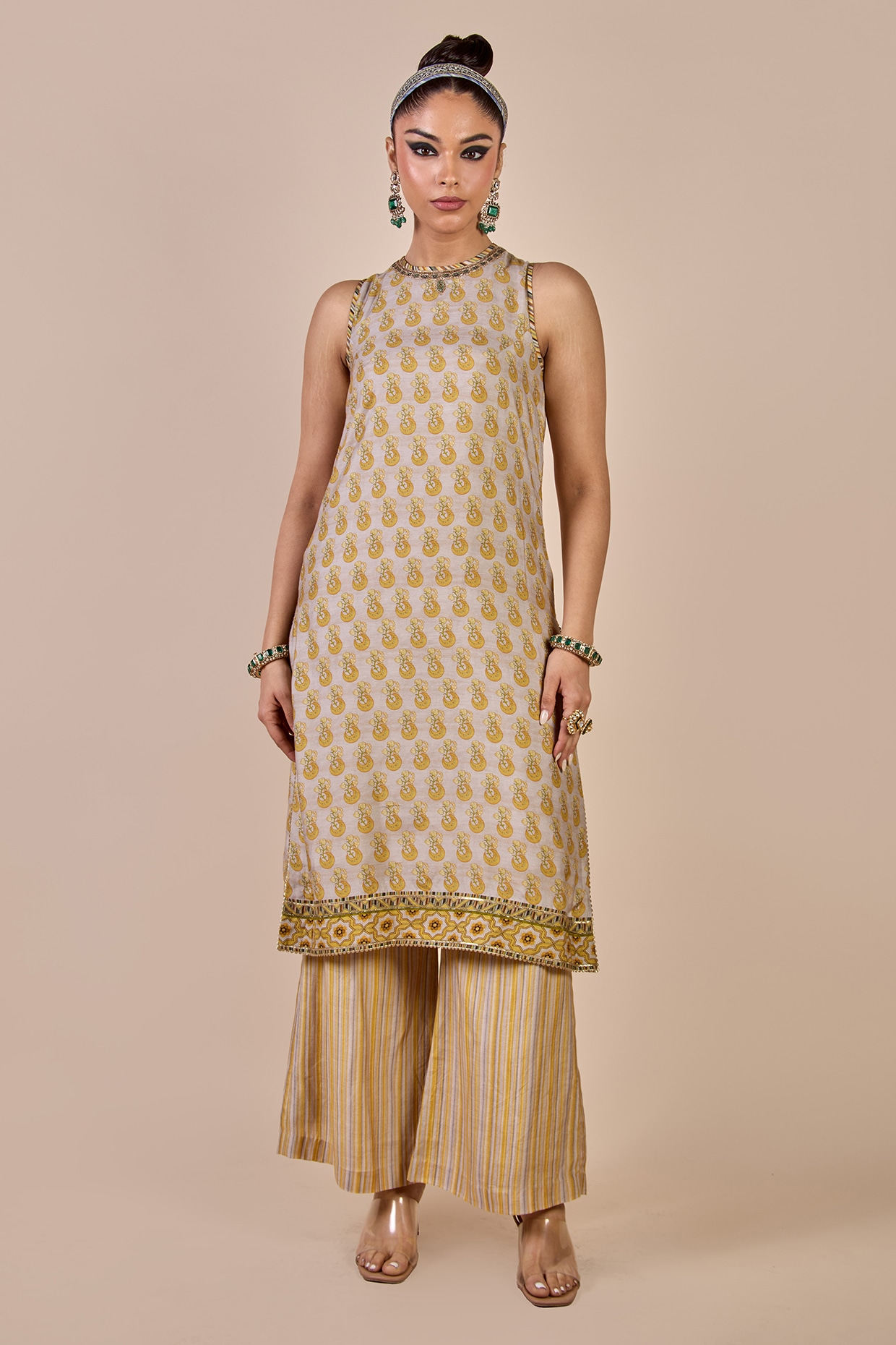 JJV.Kapurthala By JJ Valaya Olive Yellow Cupro Viscose Butta Printed Kurta Set
