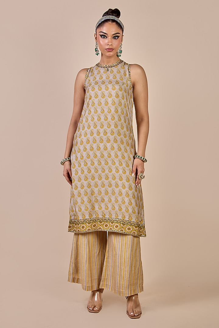 Olive Yellow Cupro Viscose Butta Printed Kurta Set by JJV.Kapurthala By JJ Valaya at Pernia's Pop Up Shop