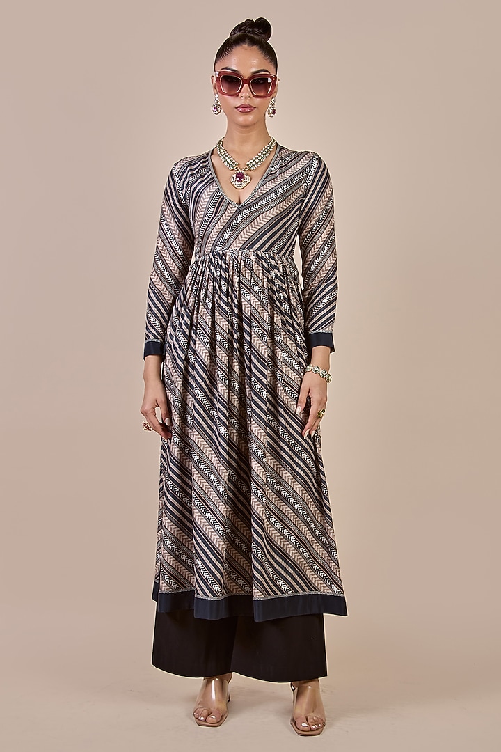 Taupe Habutai Silk Chevron Printed Gathered Kurta by JJV.Kapurthala By JJ Valaya at Pernia's Pop Up Shop