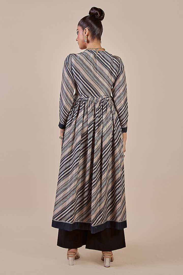 Taupe Habutai Silk Chevron Printed Gathered Kurta by JJV.Kapurthala By JJ Valaya at Pernia's Pop Up Shop