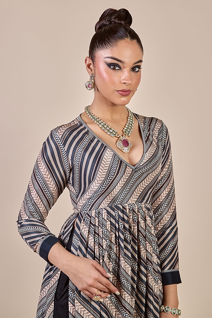Taupe Habutai Silk Chevron Printed Gathered Kurta by JJV.Kapurthala By JJ Valaya at Pernia's Pop Up Shop