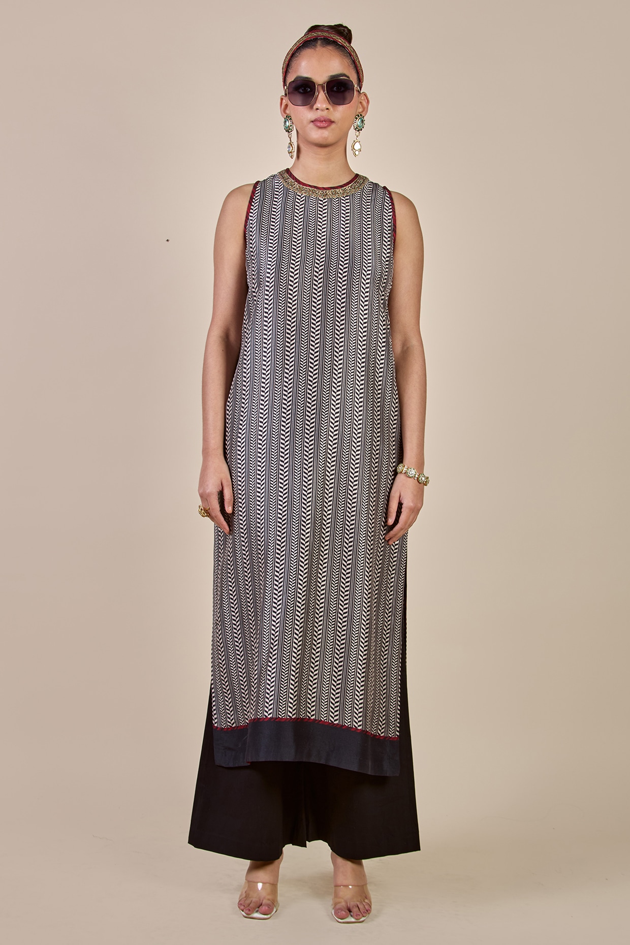 JJV.Kapurthala By JJ Valaya Ivory Silk Chevron Printed Long Kurta