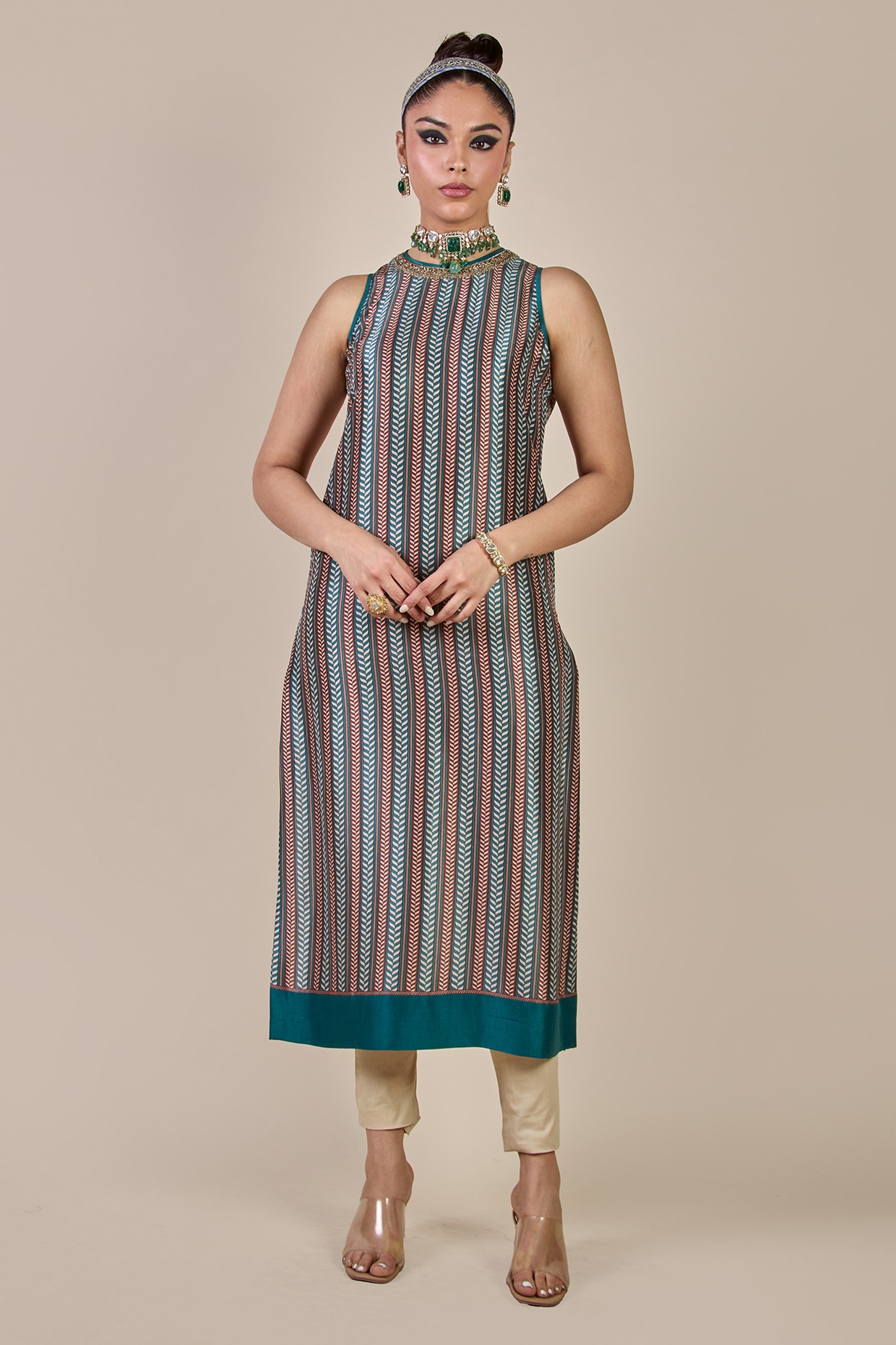 JJV.Kapurthala By JJ Valaya Turquoise Silk Chevron Printed Long Kurta