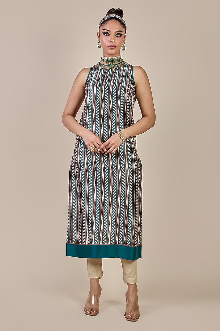Turquoise Silk Chevron Printed Long Kurta by JJV.Kapurthala By JJ Valaya at Pernia's Pop Up Shop