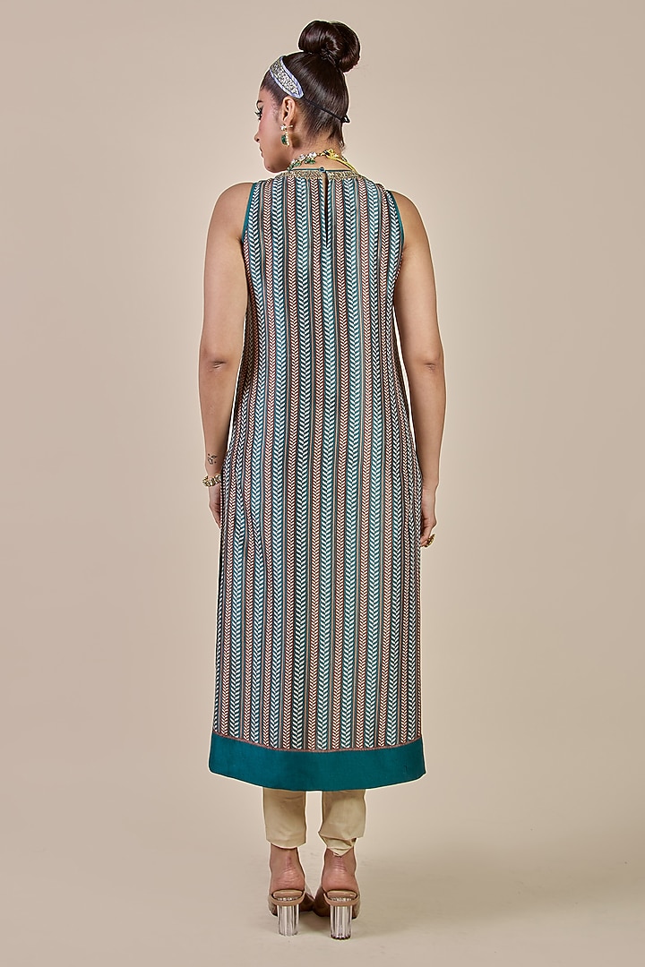 Turquoise Silk Chevron Printed Long Kurta by JJV.Kapurthala By JJ Valaya at Pernia's Pop Up Shop