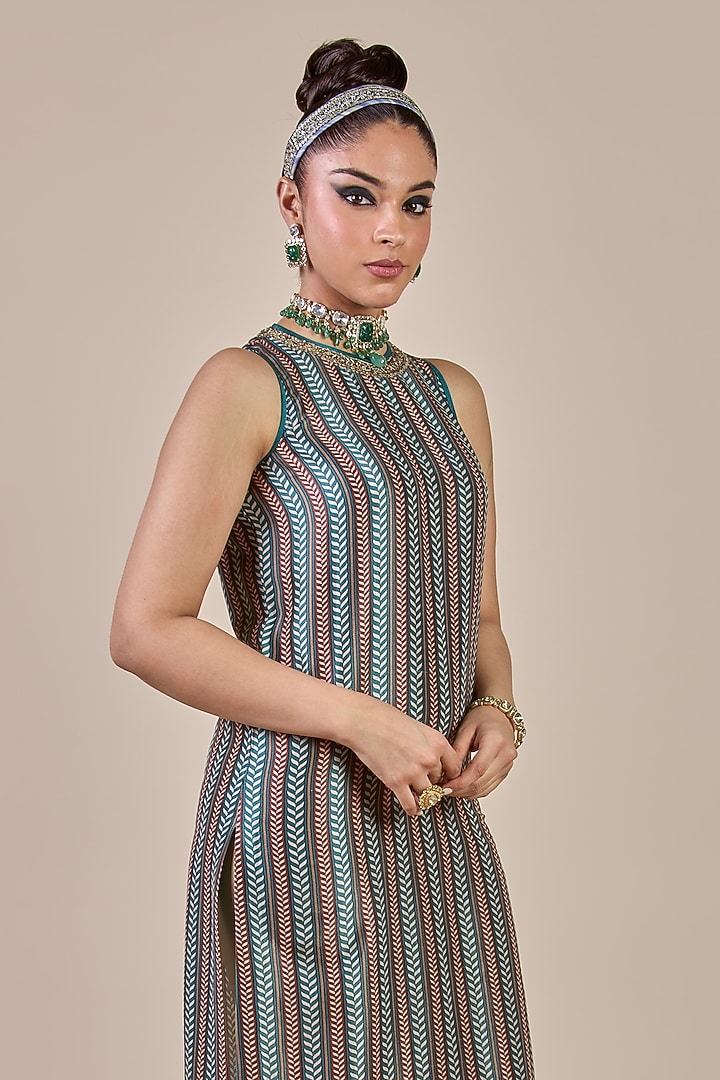 Turquoise Silk Chevron Printed Long Kurta by JJV.Kapurthala By JJ Valaya at Pernia's Pop Up Shop