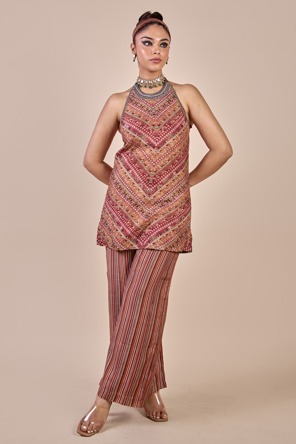 JJV.Kapurthala By JJ Valaya Rose Pink Cupro Viscose Stripe Printed Co-Ord Set