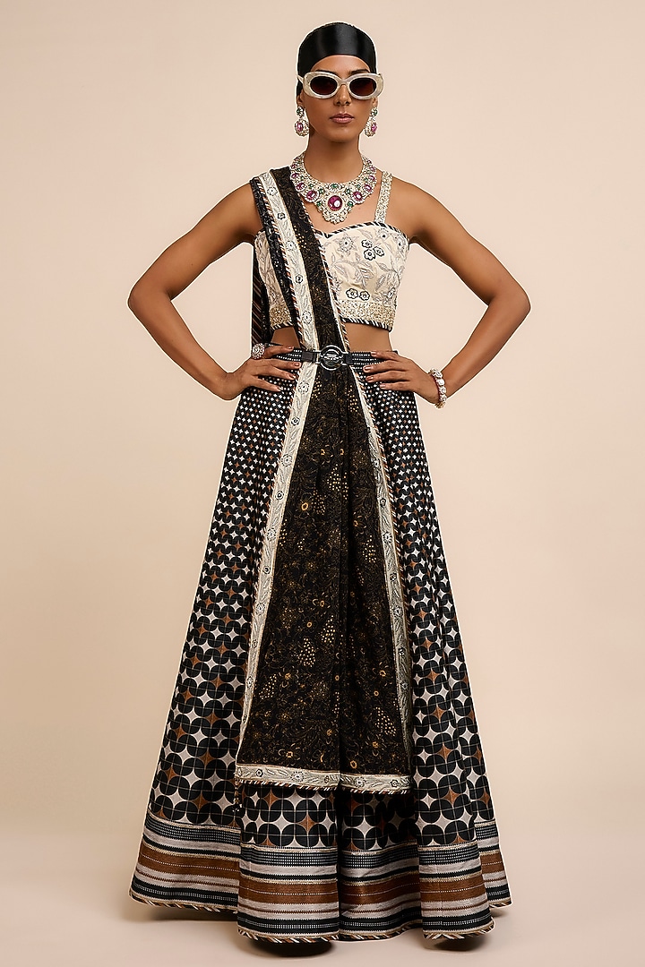 Black Art Silk Floral Printed Skirt Set by JJV.Kapurthala By JJ Valaya at Pernia's Pop Up Shop
