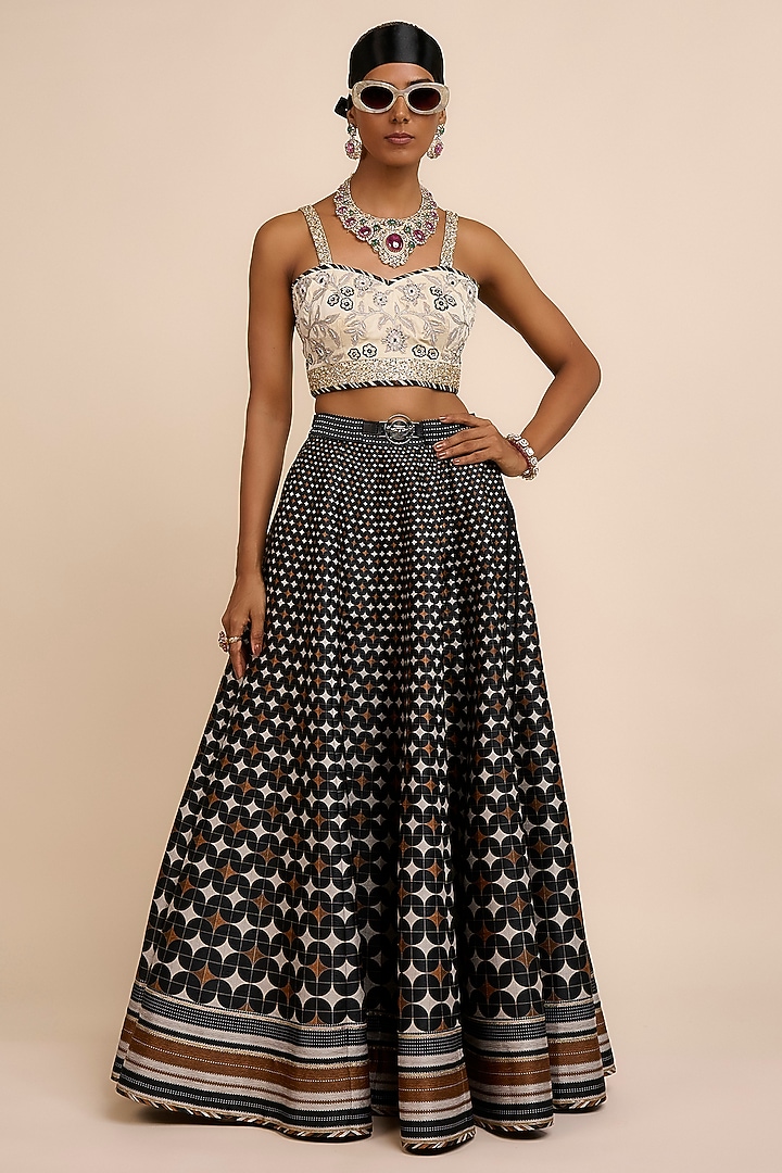 Black Art Silk Floral Printed Skirt Set by JJV.Kapurthala By JJ Valaya at Pernia's Pop Up Shop
