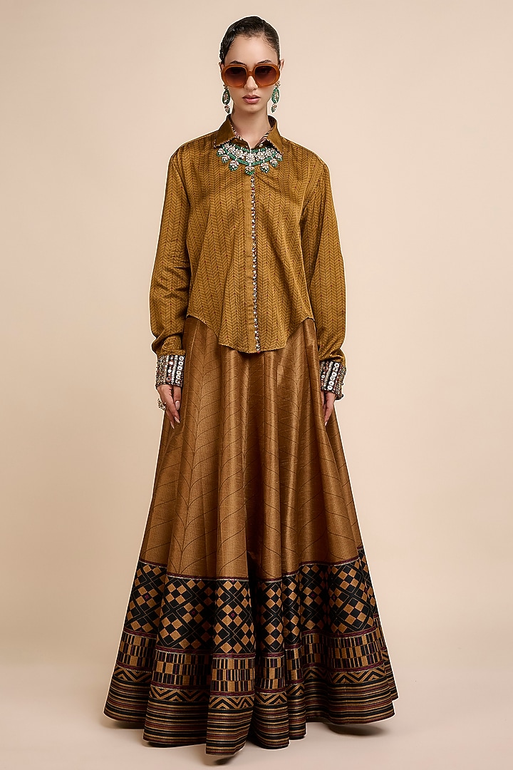 Earthy Mustard Art Silk Flared Skirt Set by JJV.Kapurthala By JJ Valaya at Pernia's Pop Up Shop