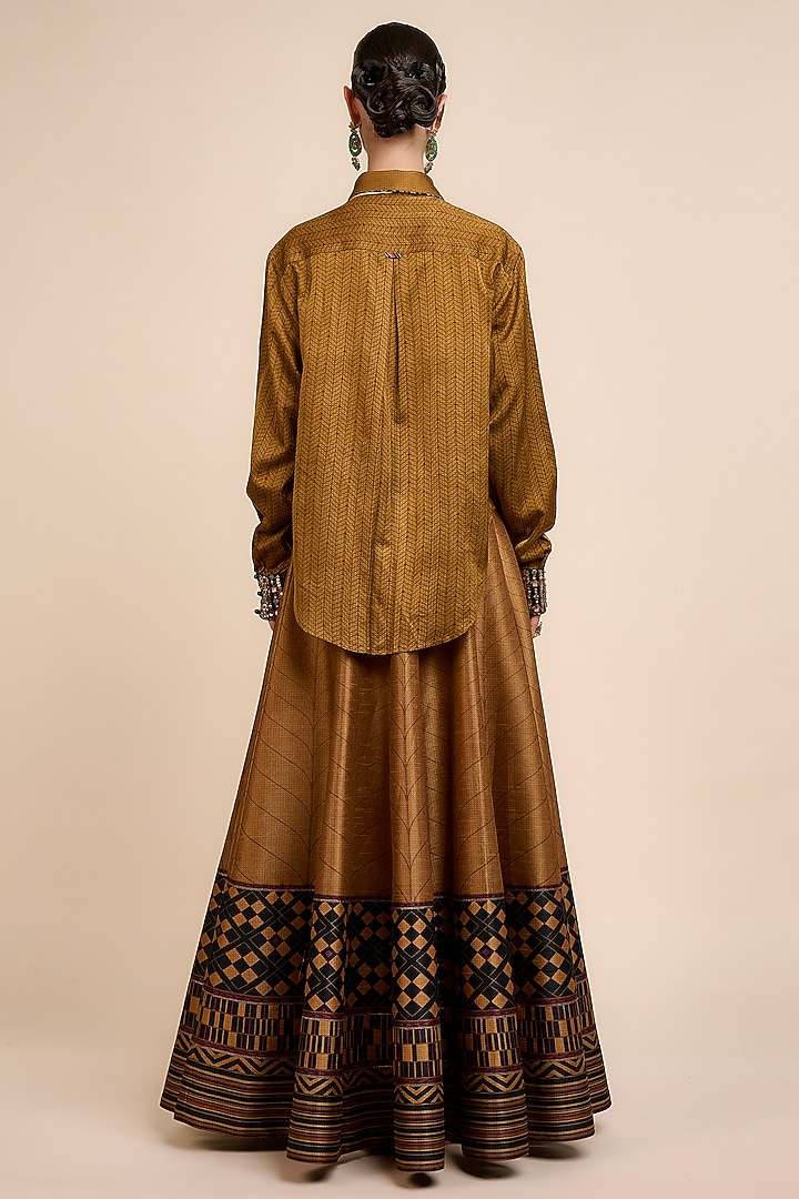 Earthy Mustard Art Silk Flared Skirt Set by JJV.Kapurthala By JJ Valaya at Pernia's Pop Up Shop