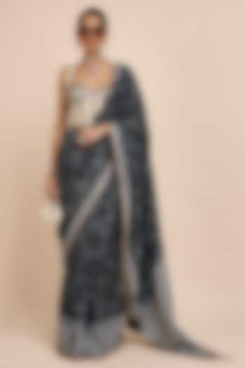 Midnight Blue Art Silk Chevron Printed & Embellished Reception Saree Set by JJV.Kapurthala By JJ Valaya at Pernia's Pop Up Shop