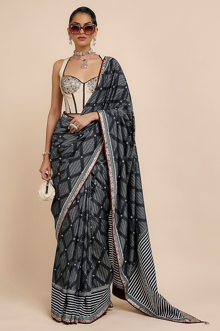 Midnight Blue Art Silk Chevron Printed & Embellished Reception Saree Set by JJV.Kapurthala By JJ Valaya at Pernia's Pop Up Shop