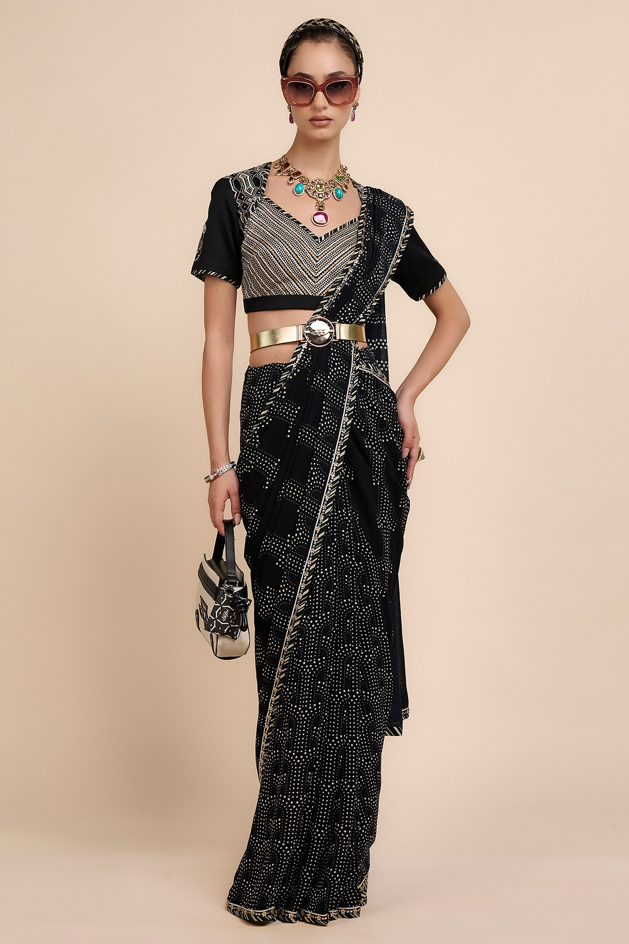 JJV.Kapurthala By JJ Valaya Noir Black Viscose Georgette Abstract Printed Saree Set