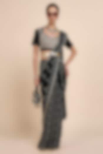Noir Black Viscose Georgette Abstract Printed Wedding Saree Set by JJV.Kapurthala By JJ Valaya at Pernia's Pop Up Shop