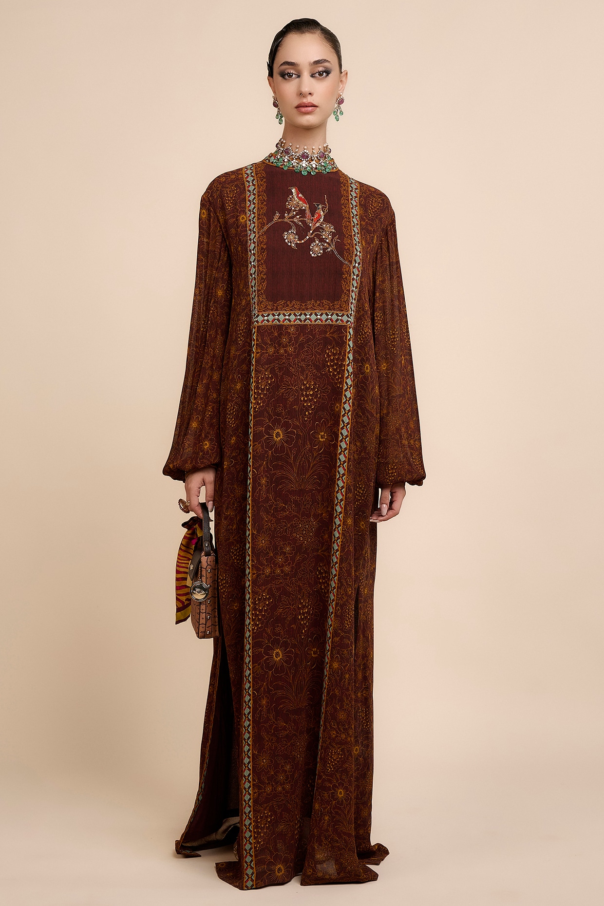 JJV.Kapurthala By JJ Valaya Mocha Brown Viscose Georgette Sequin Embellished Kaftan
