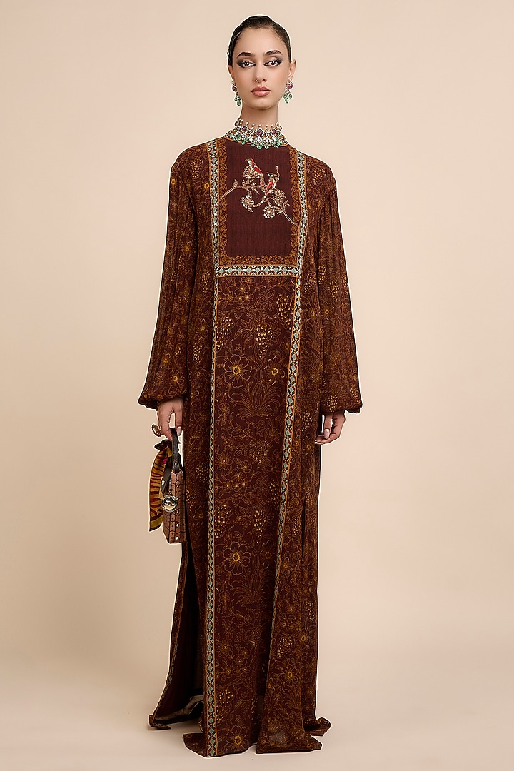 Mocha Brown Viscose Georgette Sequin Embellished Kaftan by JJV.Kapurthala By JJ Valaya at Pernia's Pop Up Shop