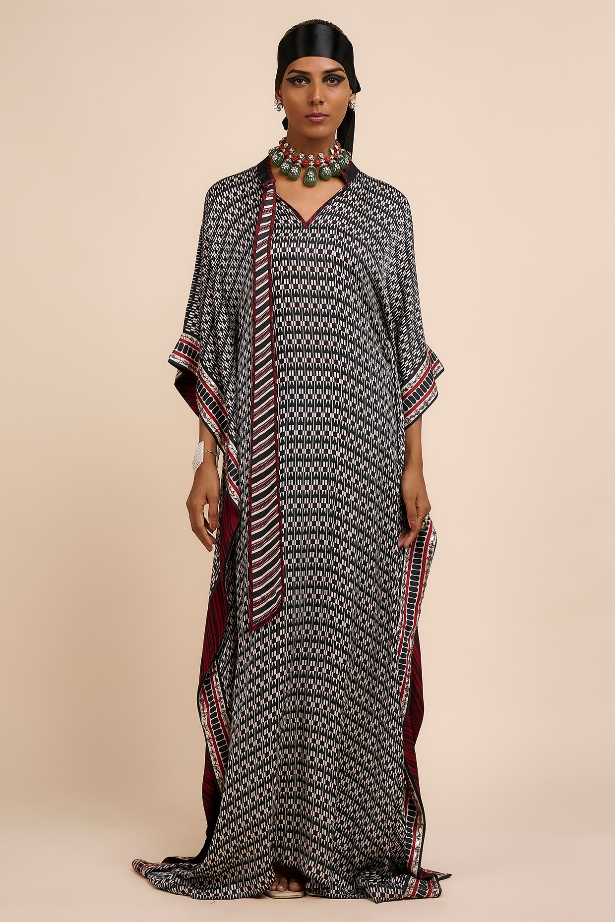 JJV.Kapurthala By JJ Valaya Noir Black & Ivory Modal Satin Geometric Printed Kaftan