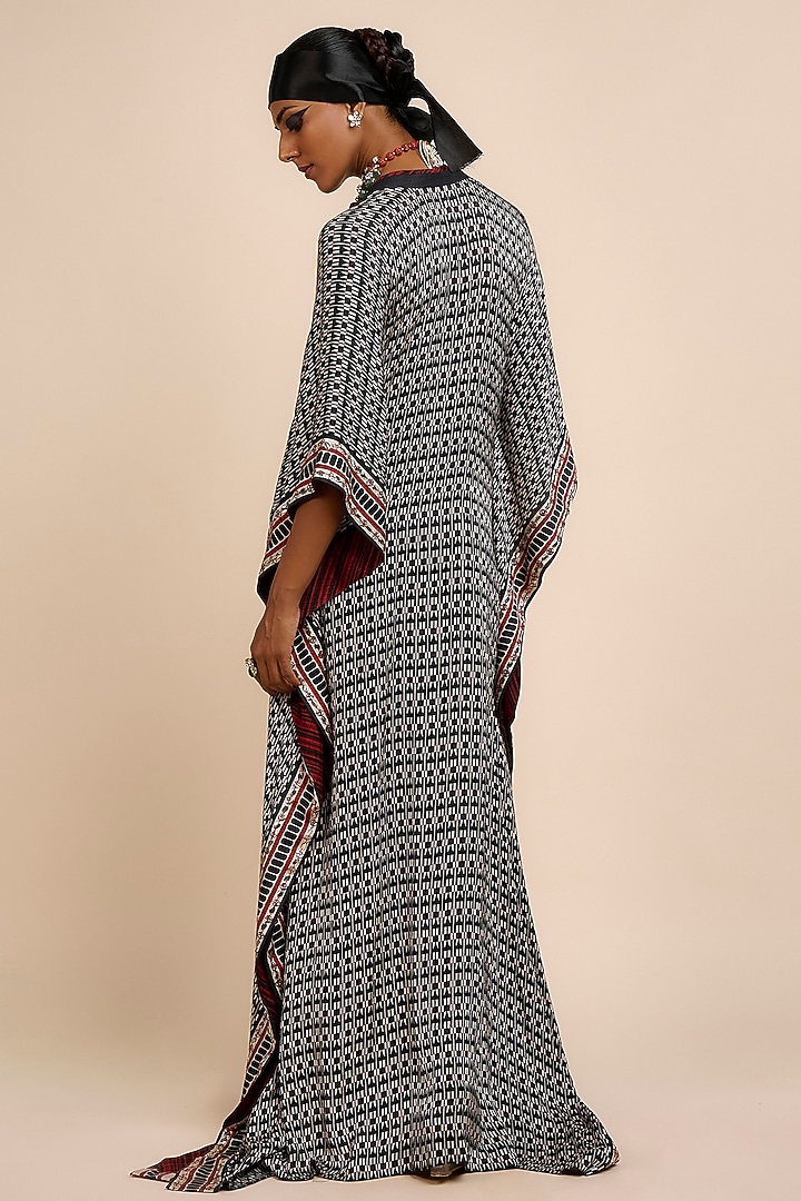 Noir Black & Ivory Modal Satin Geometric Printed Kaftan by JJV.Kapurthala By JJ Valaya at Pernia's Pop Up Shop
