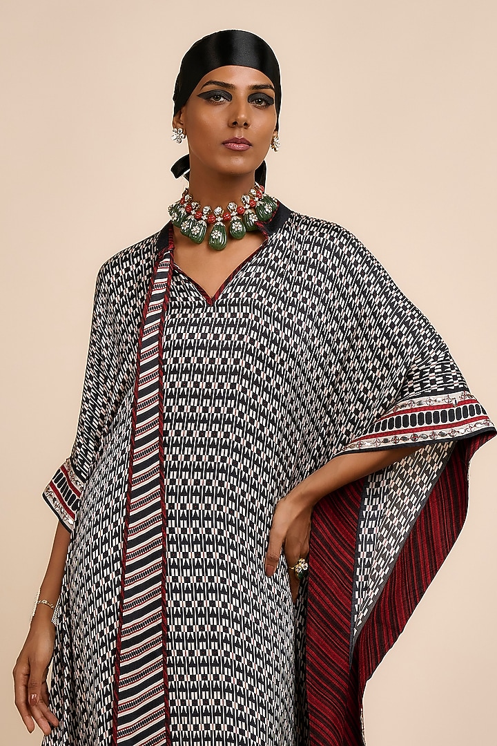 Noir Black & Ivory Modal Satin Geometric Printed Kaftan by JJV.Kapurthala By JJ Valaya at Pernia's Pop Up Shop