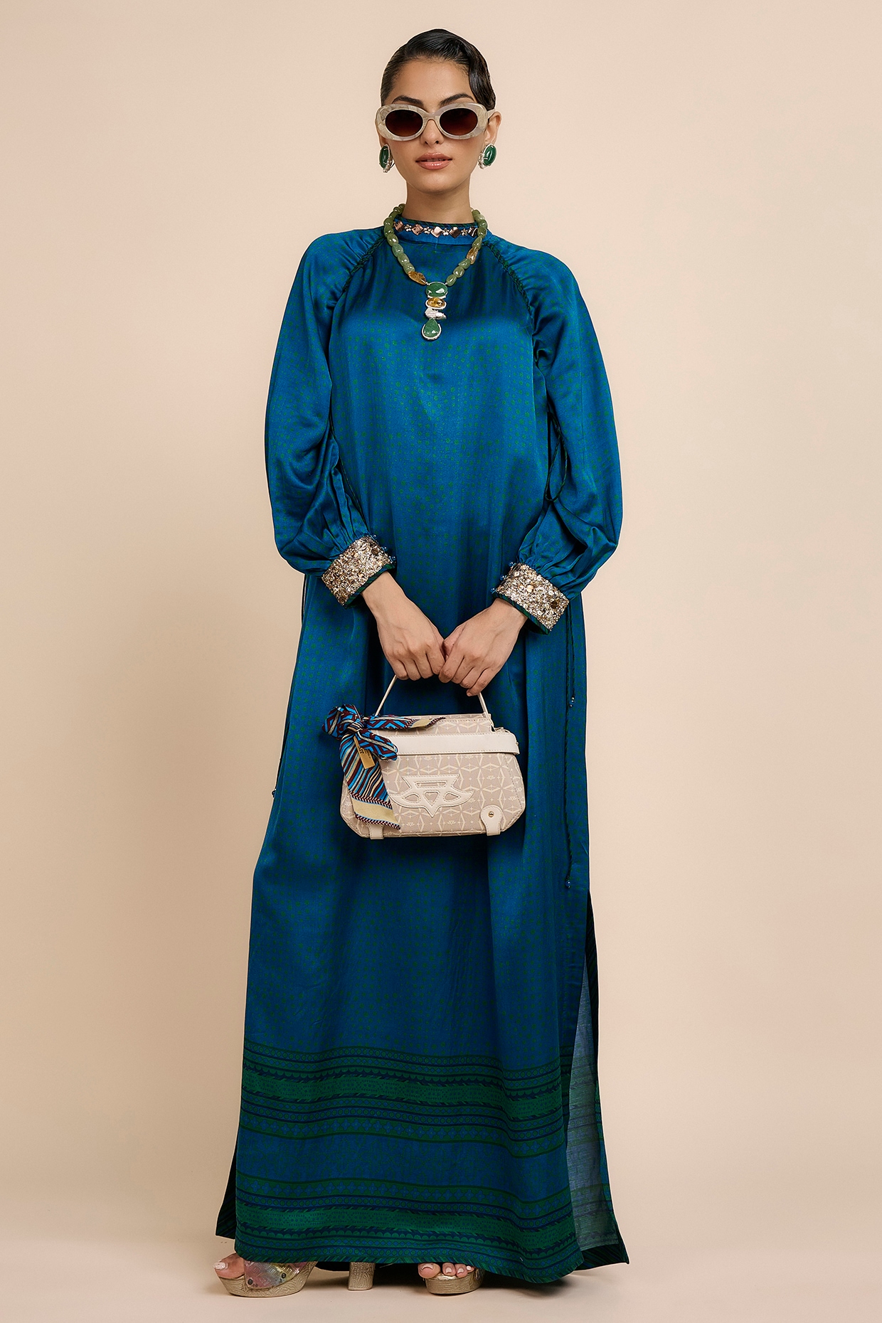 JJV.Kapurthala By JJ Valaya Cobalt Blue Satin Linen Printed & Embroidered Kaftan