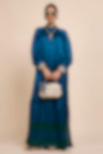 Cobalt Blue Satin Linen Printed & Embroidered Kaftan by JJV.Kapurthala By JJ Valaya at Pernia's Pop Up Shop