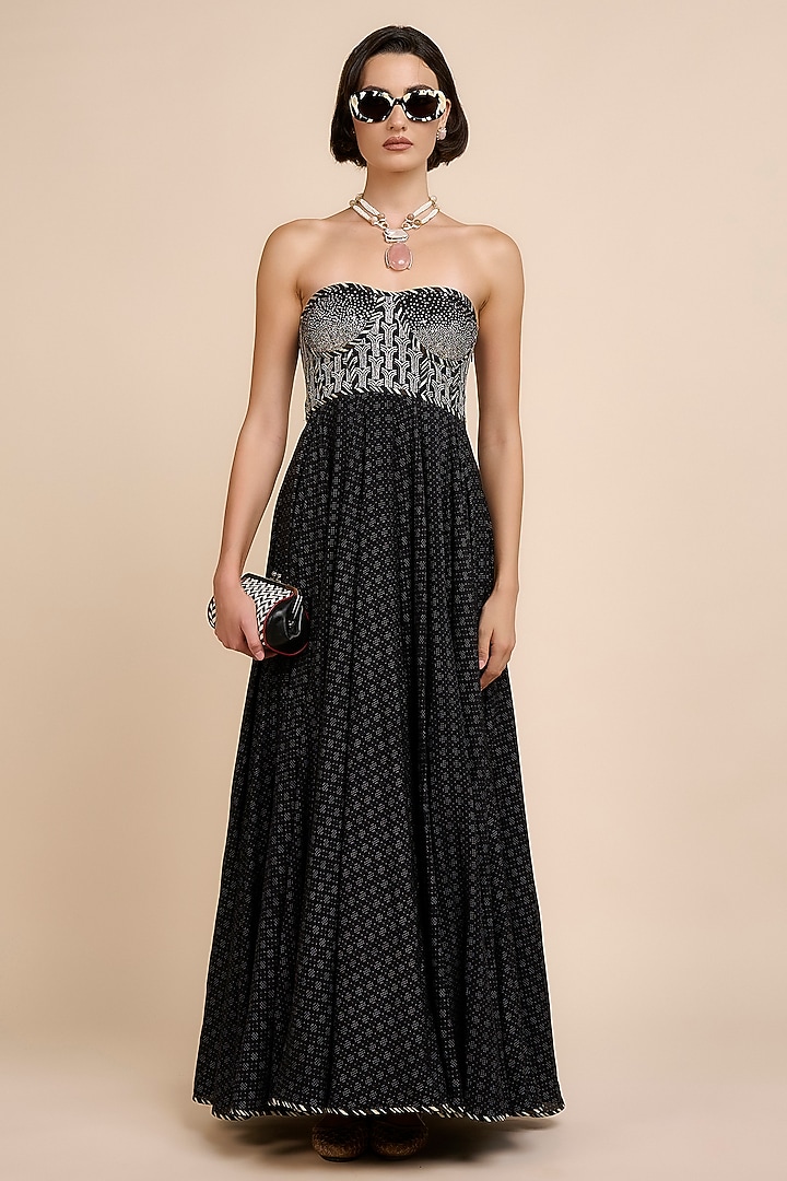 Noir Black Cupro Viscose Sequin Embroidered Maxi Party Wear Dress by JJV.Kapurthala By JJ Valaya at Pernia's Pop Up Shop