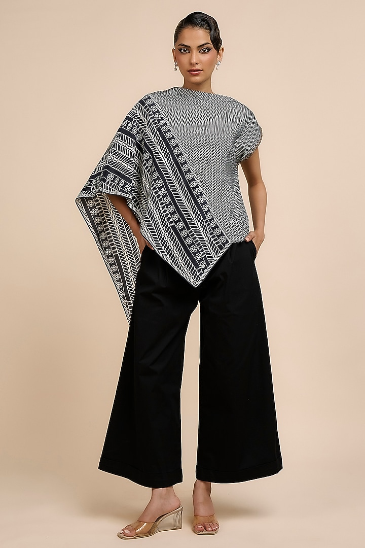 Black & Ivory Art Silk Chevron Printed Asymmetric Top by JJV.Kapurthala By JJ Valaya at Pernia's Pop Up Shop
