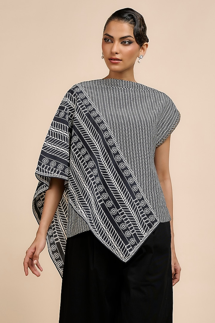 Black & Ivory Art Silk Chevron Printed Asymmetric Top by JJV.Kapurthala By JJ Valaya at Pernia's Pop Up Shop