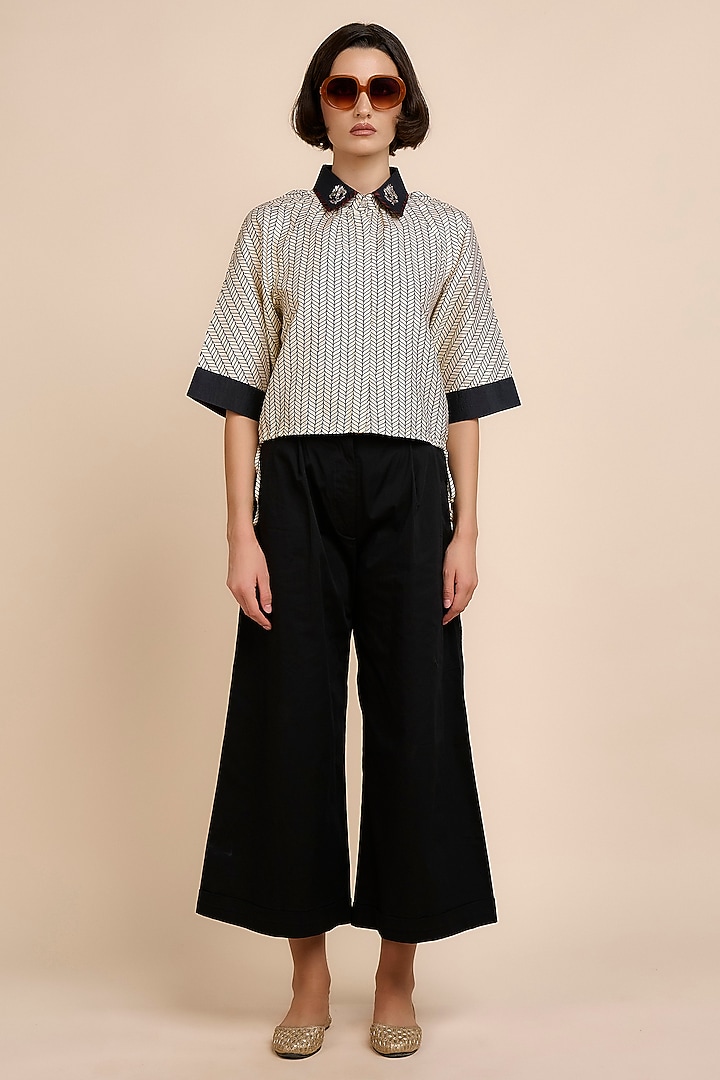 Black & Ivory Silk Chevron Printed Shirt by JJV.Kapurthala By JJ Valaya at Pernia's Pop Up Shop