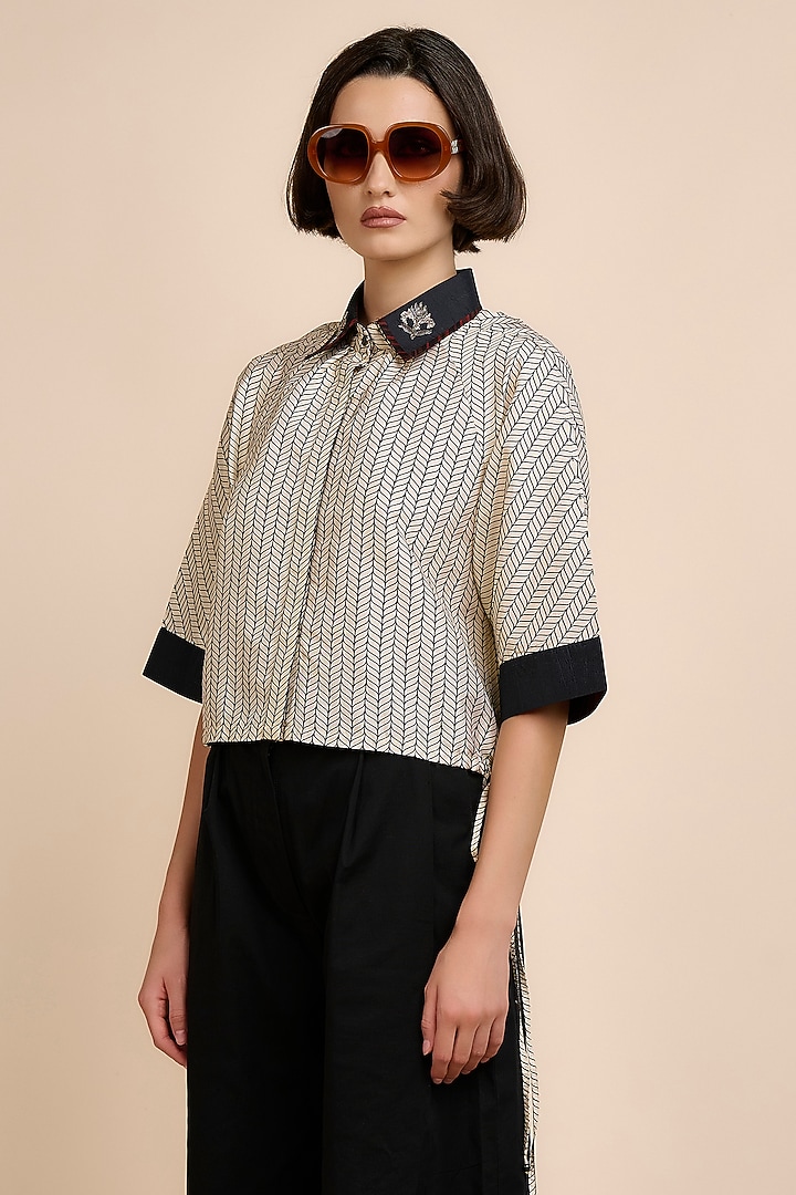 Black & Ivory Silk Chevron Printed Shirt by JJV.Kapurthala By JJ Valaya at Pernia's Pop Up Shop