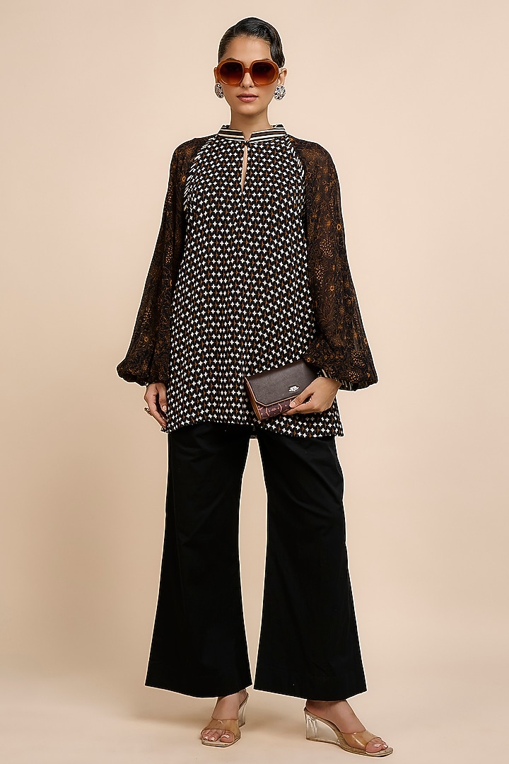 Noir Black & Ochre Viscose Georgette Floral Printed Top by JJV.Kapurthala By JJ Valaya at Pernia's Pop Up Shop