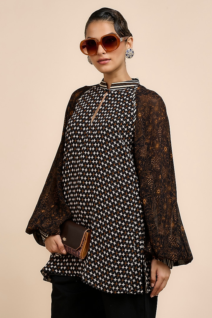 Noir Black & Ochre Viscose Georgette Floral Printed Top by JJV.Kapurthala By JJ Valaya at Pernia's Pop Up Shop