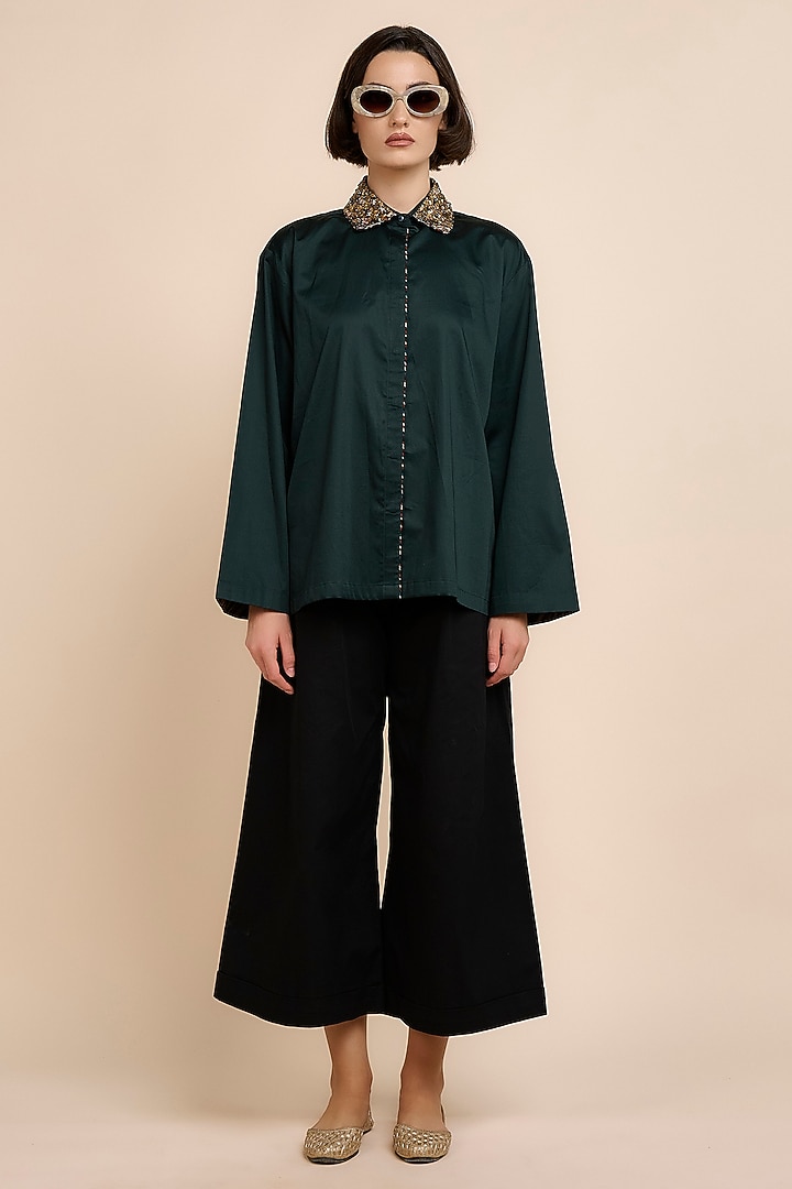 Emerald Green Giza Cotton Metallic Embroidered Shirt by JJV.Kapurthala By JJ Valaya at Pernia's Pop Up Shop