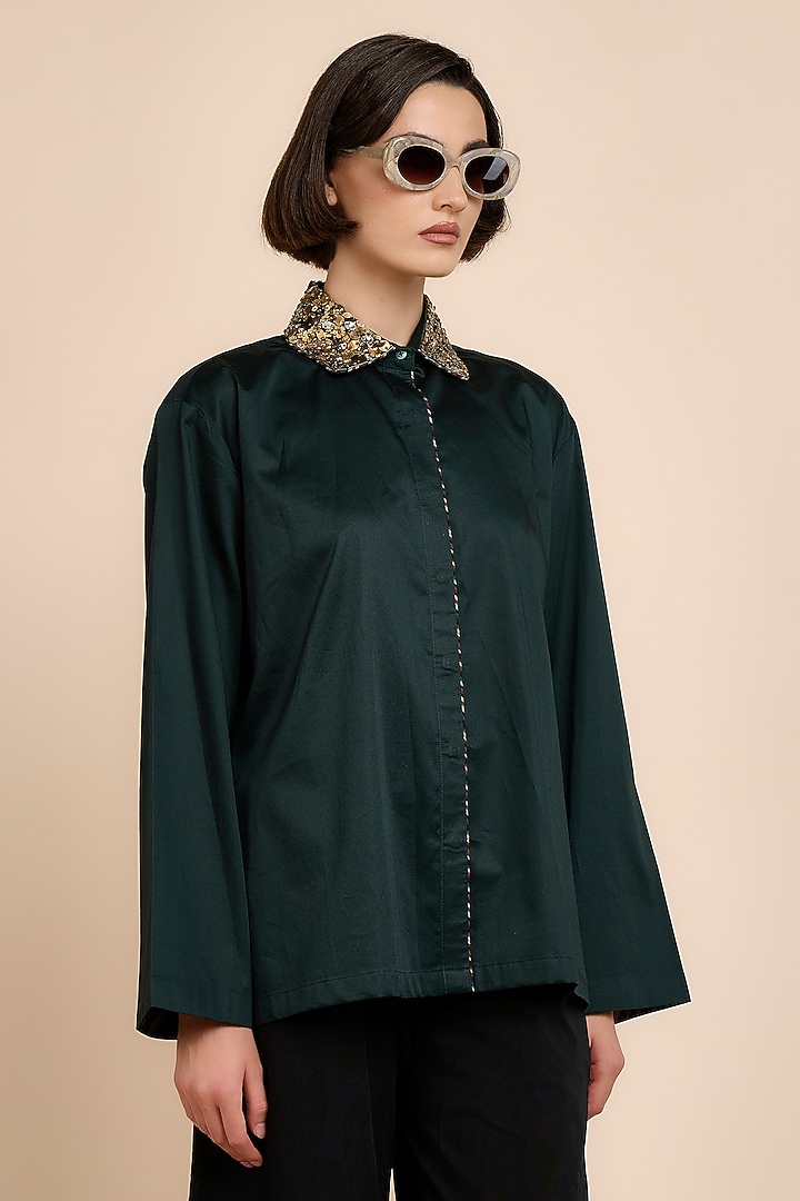 Emerald Green Giza Cotton Metallic Embroidered Shirt by JJV.Kapurthala By JJ Valaya at Pernia's Pop Up Shop