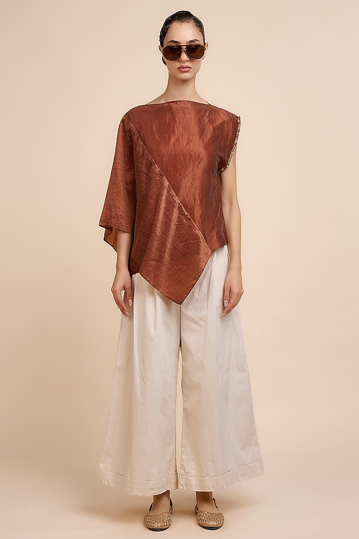 Terracota Red Art Silk Embellished Asymmetric Top by JJV.Kapurthala By JJ Valaya at Pernia's Pop Up Shop