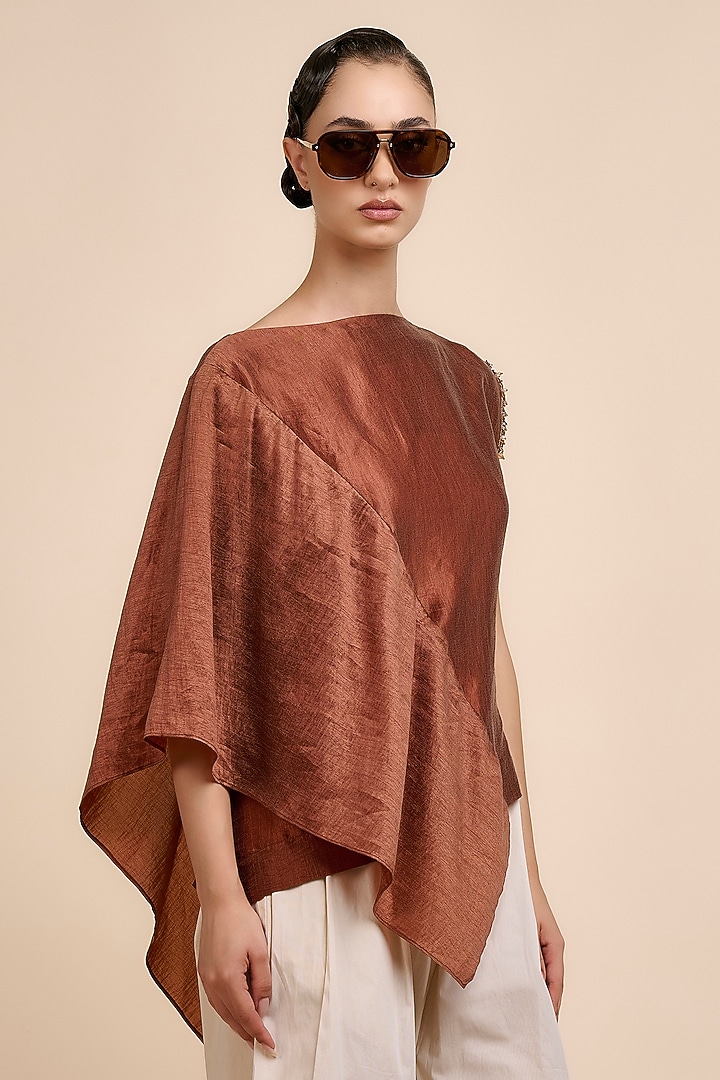Terracota Red Art Silk Embellished Asymmetric Top by JJV.Kapurthala By JJ Valaya at Pernia's Pop Up Shop
