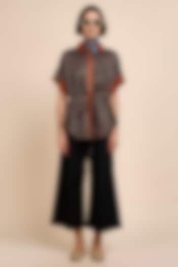 Teal Blue & Orange Satin Linen Geometric Printed Shirt by JJV.Kapurthala By JJ Valaya at Pernia's Pop Up Shop