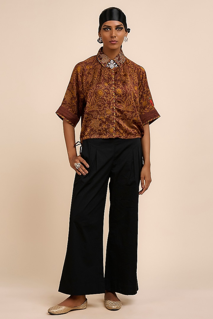 Brown Satin Linen Floral Printed Shirt by JJV.Kapurthala By JJ Valaya at Pernia's Pop Up Shop