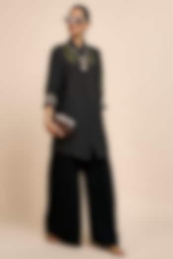 Midnight Blue Satin Linen Embroidered Tunic by JJV.Kapurthala By JJ Valaya at Pernia's Pop Up Shop