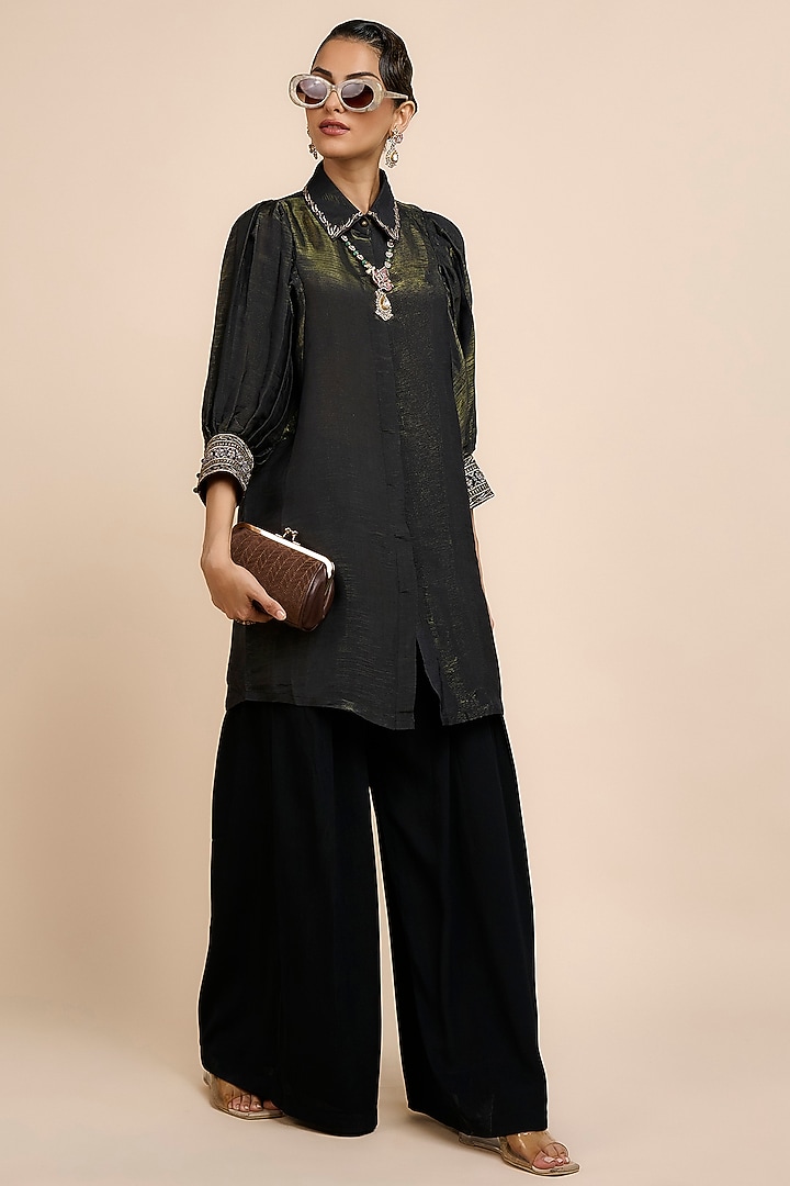Midnight Blue Satin Linen Embroidered Tunic by JJV.Kapurthala By JJ Valaya at Pernia's Pop Up Shop