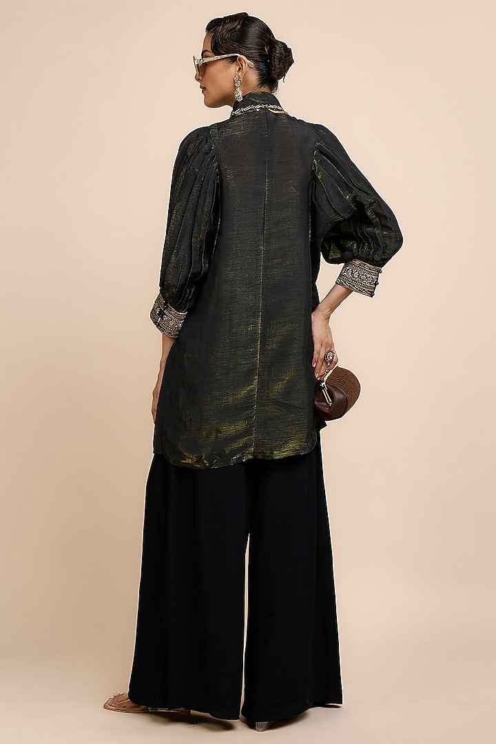 Midnight Blue Satin Linen Embroidered Tunic by JJV.Kapurthala By JJ Valaya at Pernia's Pop Up Shop