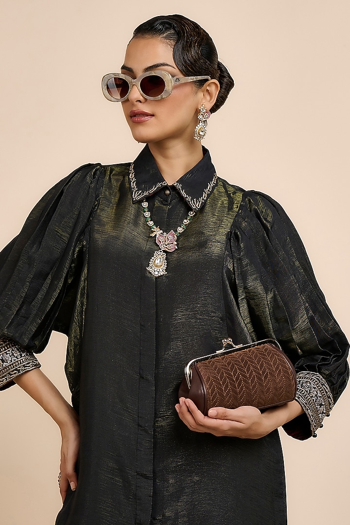 Midnight Blue Satin Linen Embroidered Tunic by JJV.Kapurthala By JJ Valaya at Pernia's Pop Up Shop